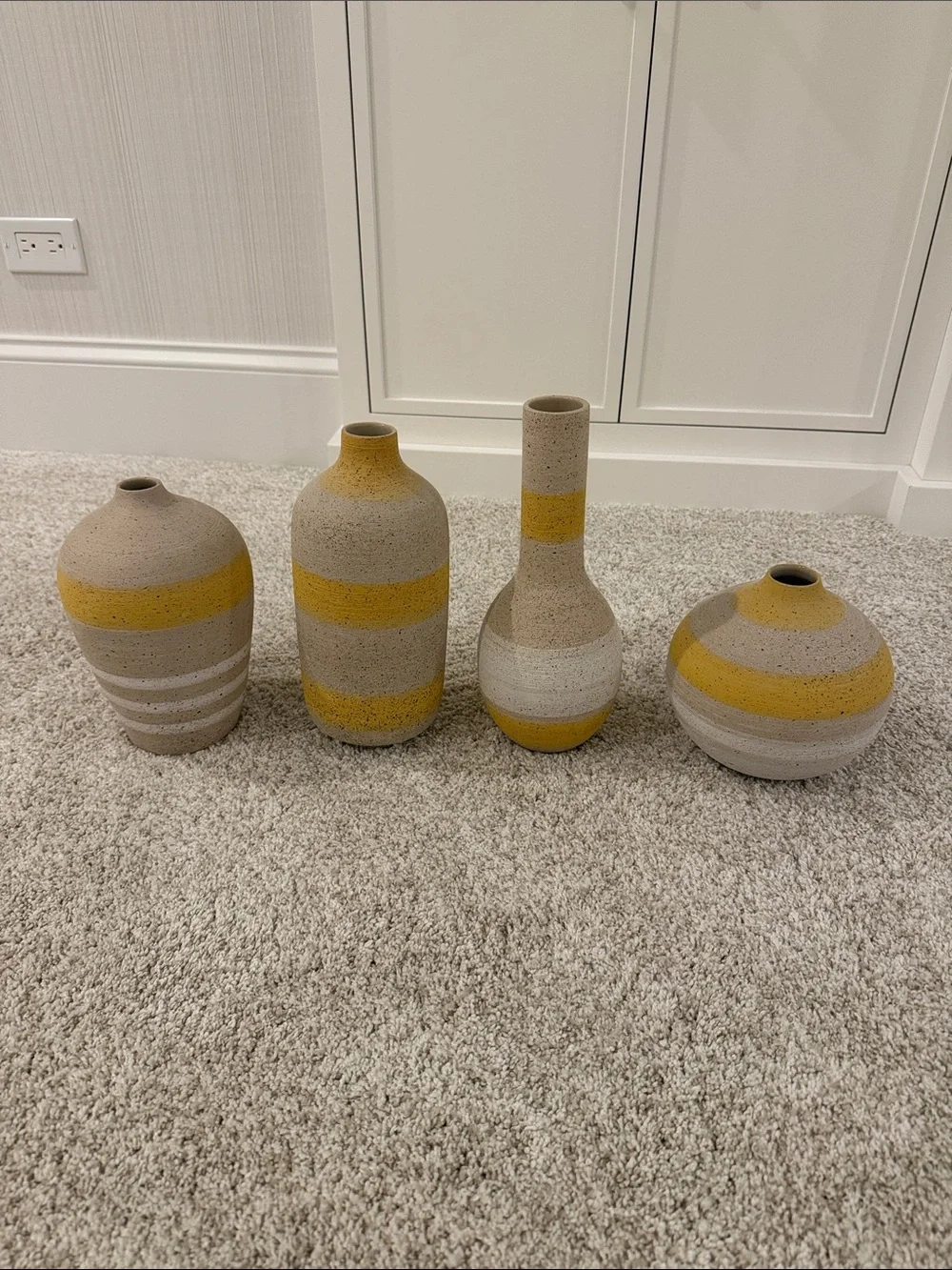 West Elm striped vases - yellow/white. Natural base. Like new!